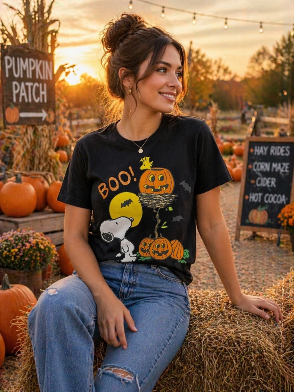 Peanuts Snoopy Halloween T-Shirt Women’s XL Black BOO Pumpkin Graphic Tee Fall
